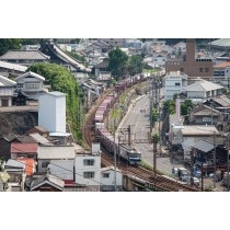 市街地を駆け抜ける貨物列車