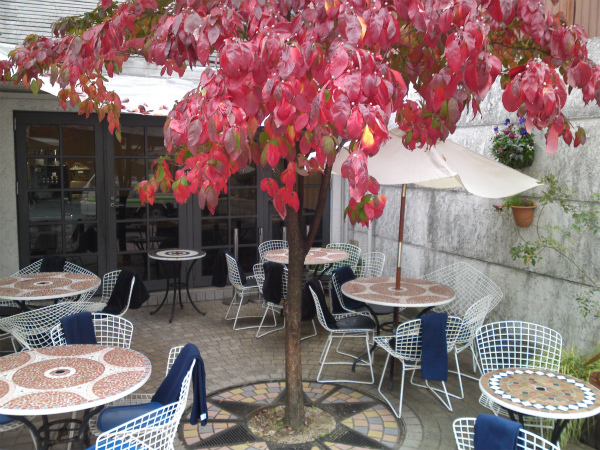 秋の茶房こもん(カフェコーナー)のテラス。ストーブと膝掛けをご用意。テラスだけ満席になる事も。